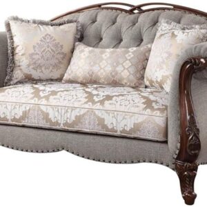 Loveseat with 3 Pillows in Gray Fabric and Cherry