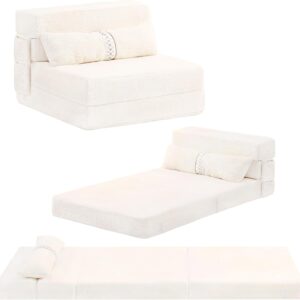 Folding Sofa Bed Couch,Single Size Foldable   Bed with Pillow, Folding Sleeper Sofa  Bed Floor Mattress for Guest Room, Living Room, Beige
