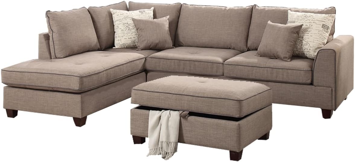 Fabric 3 Piece Sectional With Storage Ottoman Light Brown