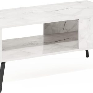 Mid Century Style Coffee Table with Wood Legs, Marble White