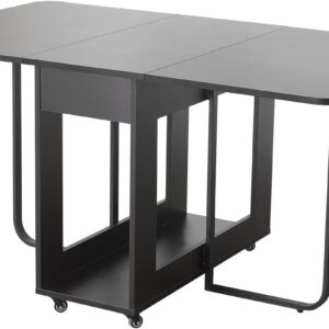 Folding Dining Table 35.4" Extra Wide  Space Saving Drop Leaf Table with Lockable Wheels & Storage, Heavy Duty Eco Solid Wood Top 300lbs, Convertible Desk for Apartments/RV/Home Office