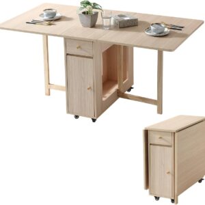 Extendable Drop Leaf Folding Dining Table with 2 Drawers and 4 Wheels for Living Room Kitchen Farmhouse Space Saving Table in Wood Color
