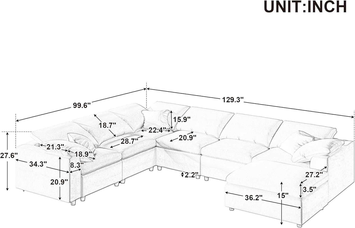 Oversized Cushions Sectional Sofa Couch Deep Seat Reversible Sofa&Couch with Movable Ottoman,Customizable L/UShaped Corner Sectional&Couch Convertible Sleeper Sofabed for Living Room - Image 2