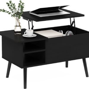 Living Room Wooden Leg Lift Top Coffee Table With Hidden Compartment and Side Open Storage Shelf, Americano