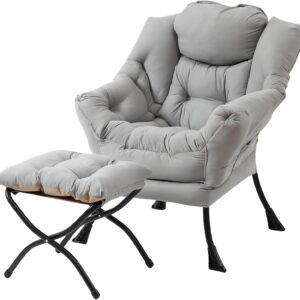 Lazy  with Ottoman,    Contemporary Lounge Leisure Upholstered Sofa  Set with Armrests, Reading  for Living Room, Bedroom, Office, White Grey