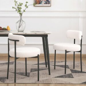White Dining Chairs Set of 2, Modern Dining Room Chairs Mid Century with 3.94" Cushions and Metal Legs, Round Upholstered Boucle Chairs for Kitchen, Living Room, Easy Assembly