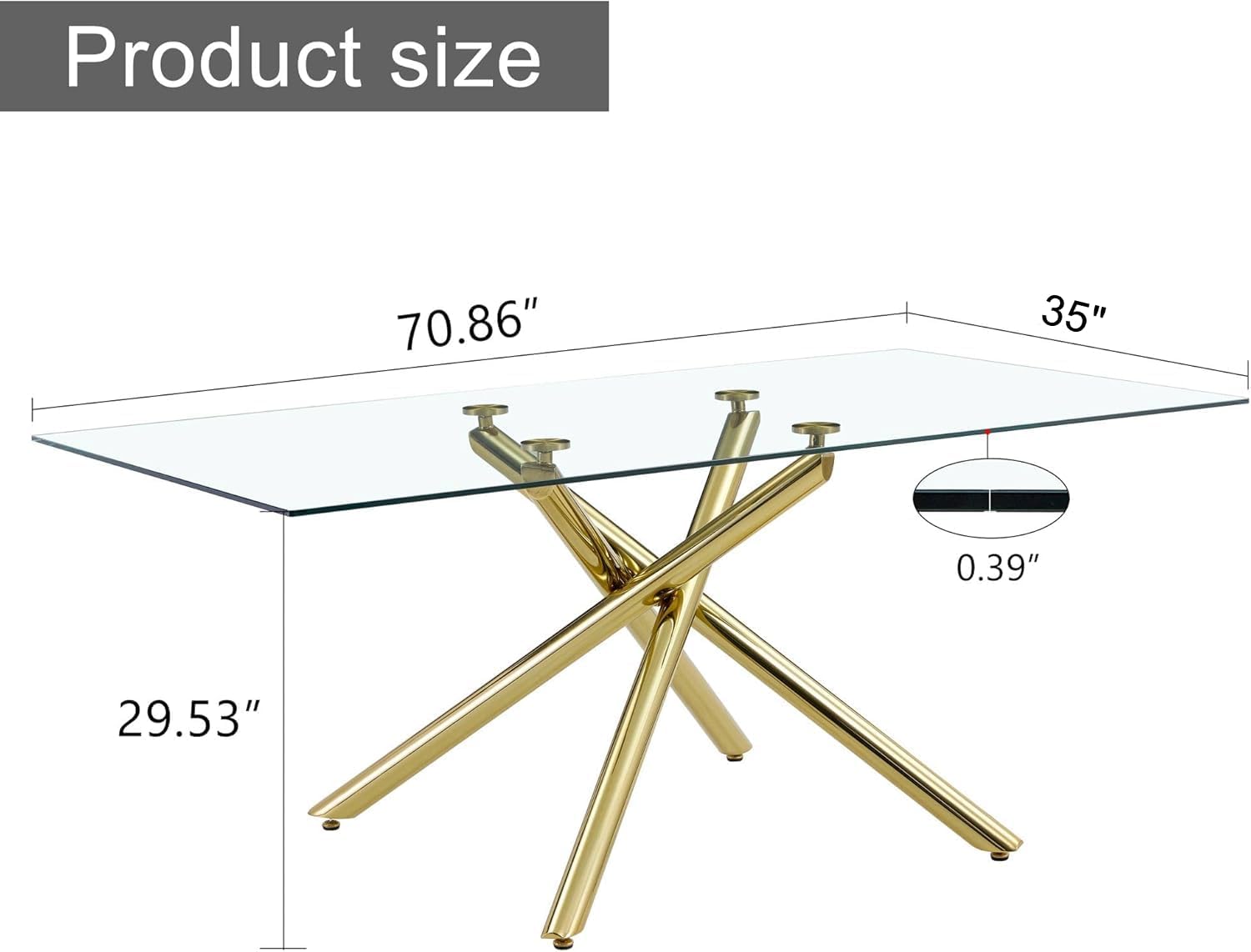 71 Inch Glass Dining Table, Modern Large Gold Dining Room Table for 68 , Rectangular Kitchen Table with Tempered Glass Top and Golden Legs - Image 2