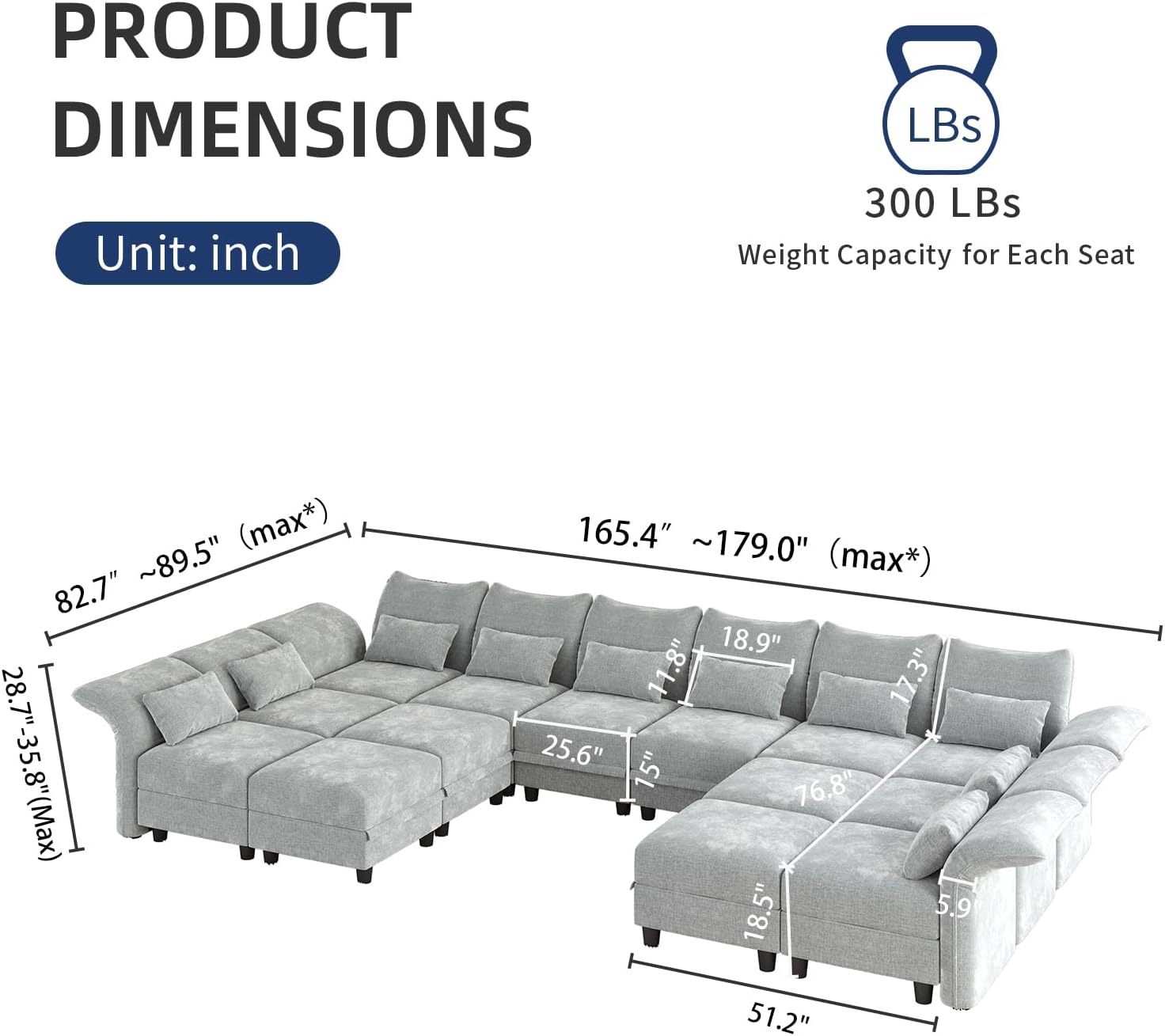 179" Oversized Modular Sectional Sofa with Storage Seat 14 Piece Large Sectional Couches for Living Room with Adjustable Arms Backs, Convert to U/L/Sleeper Sofa, Grey Chenille - Image 2