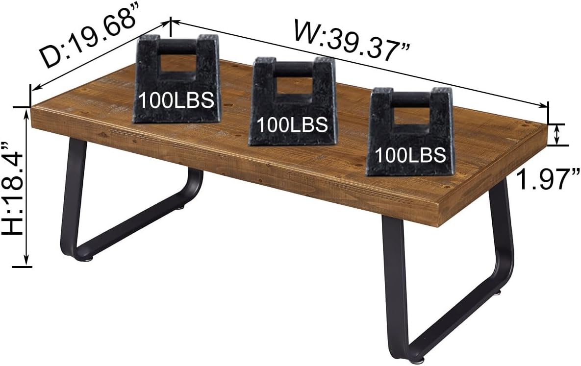 Rustic Brown 39" Coffee Table, Industrial Metal Base, Solid Wood Tabletop, 2.36" Thick, 300 LBS Load Capacity - Image 2