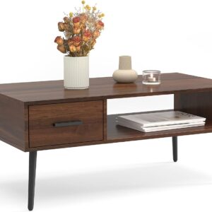 Coffee Table, Mid Century Modern Style Cocktail Table TV Stand with Drawer, Open Storage Shelf, Stable Floor-Anti-Scratching Pine Leg for Home, Office, Living Room - Walnut
