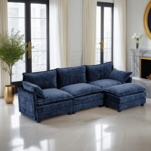 L-Shaped Sectional Couch for Living Room, Comfy Sectional Cloud Couch, 113" 3-Seat Cloud Couch with Ottoman/Pillows for Apartment, Bedroom, Blue