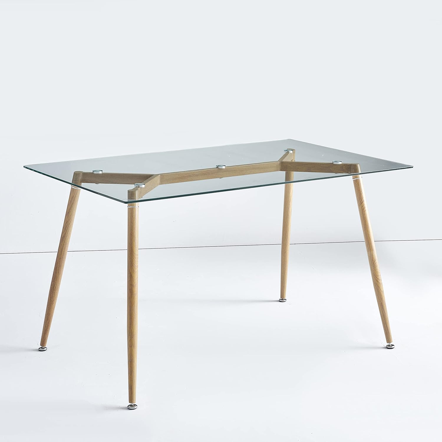 Mid Century Glass Dining Table, Office Desk, 8mm, Wooden Skin