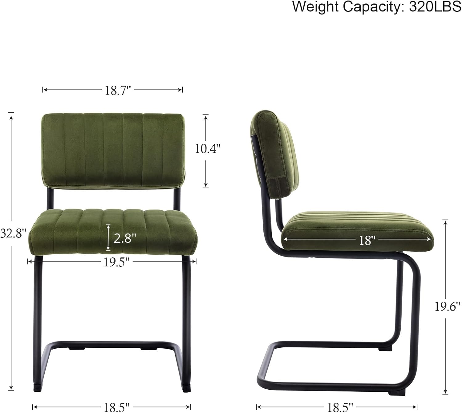 Mid Century Modern Dining Chairs Set of 2, Green Velvet Kitchen Chairs with Tufted Backs, Upholstered Wide Seat, Armless Cantilevered Chairs with Metal Legs for Kitchen Living Room - Image 2