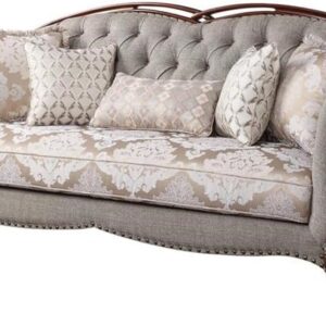 Fabric Button Tufted Sofa with 5 Pillows in Cherry and Gray