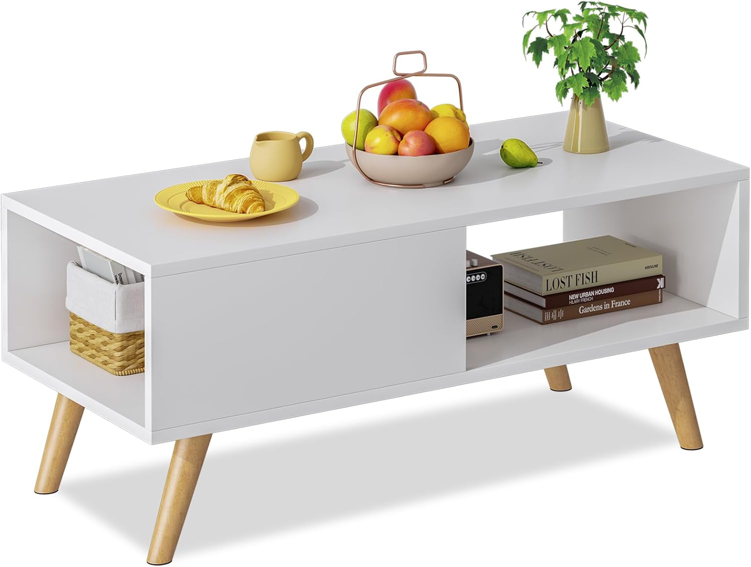 Wood Coffee Table,Large Middle Center Table for Living Room, White Aesthetic Coffee Table with Storage, Modern Tea Dining Table for Home Small Space,39.4 * 19.7 * 18.5 in,White