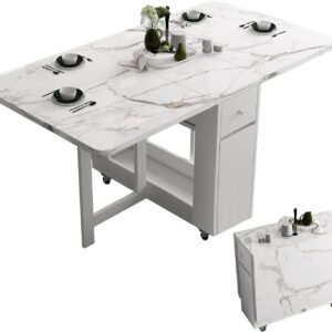 Folding Dining Table with Rack and 2 Storage Drawers, Movable Extendable Space Saving Kitchen Table in 3 Forms (White)