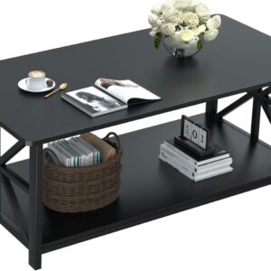 Coffee Table with Round Corner, Farmhouse Center Table with 2-Tier Storage Shelf X-Frame Design for Living Room, 39 inch Black