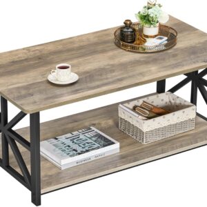 Coffee Table for Living Room with Round Corners Farmhouse Style Center Table with Storage Shelf 39 Inch Space Saving Easy Assembly Gray Wash