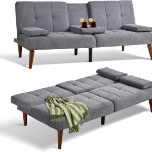 Sofa Bed-Fabric Small Couch, Small Lounge Convertible with 2 Cup Holders, Removable Soft Armrest, Adjustable Backrest for Dorm/Bedroom/College