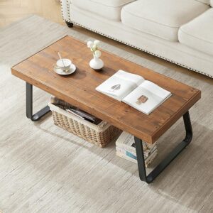 Rustic Brown 39" Coffee Table, Industrial Metal Base, Solid Wood Tabletop, 2.36" Thick, 300 LBS Load Capacity
