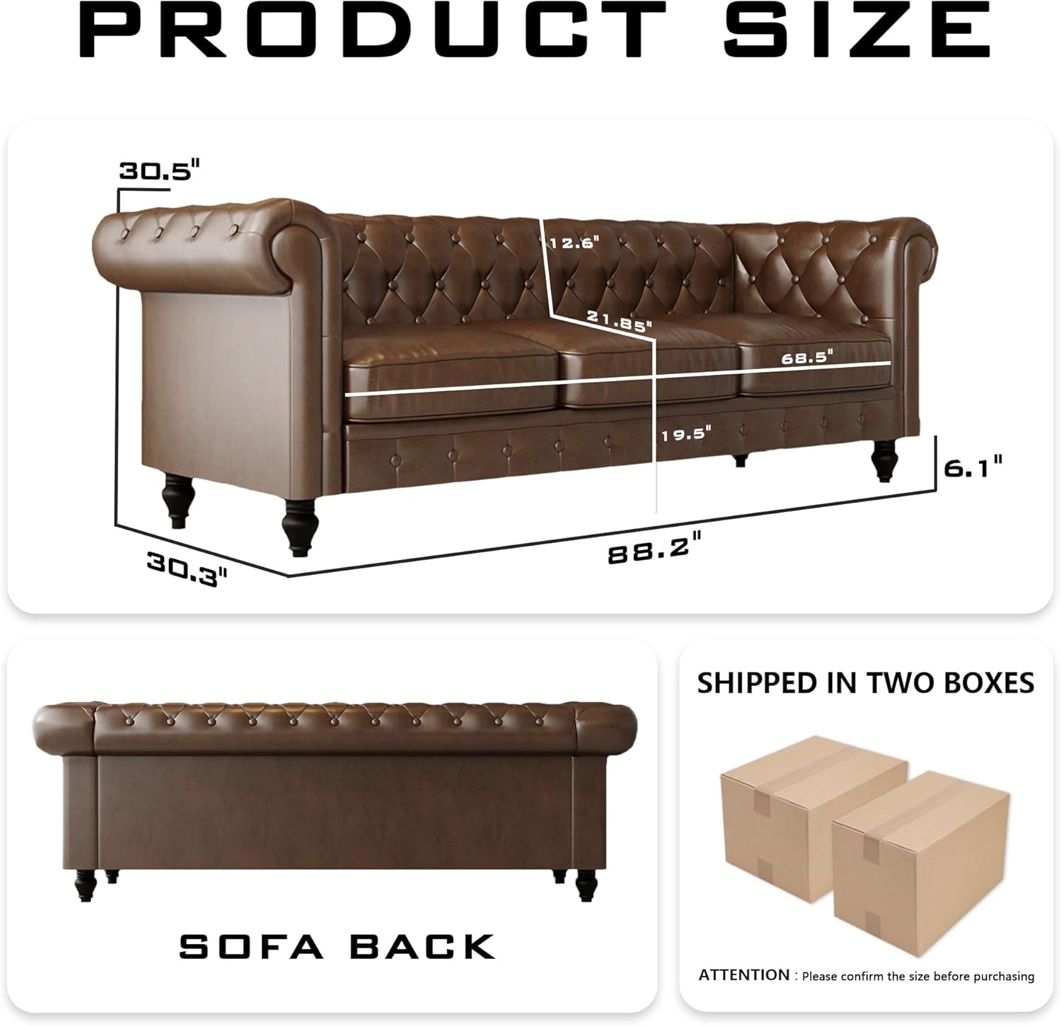 Leather Brown Sofa for Living Room 3 Seater Couch Sofa Comfortable Soft Sturdy Durable Furniture for Office Bedroom Apartment Hotel Place - Image 2