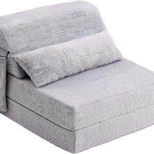 Folding Sofa Bed with Pillow Single Size Mattress&Plush Fabric with Portable Storage Bag,Floor Lounger  Bed for Living Room,Guest Room,Dorm,Apartment,Upstairs Loft,Home Office,White Gray