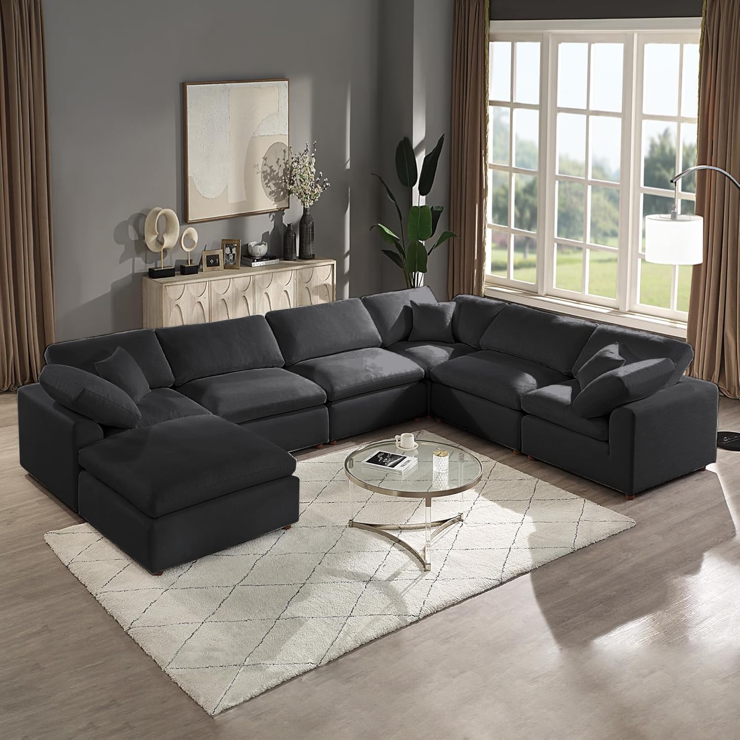 Oversized Cushions Sectional Sofa Couch Deep Seat Reversible Sofa&Couch with Movable Ottoman,Customizable L/UShaped Corner Sectional&Couch Convertible Sleeper Sofabed for Living Room