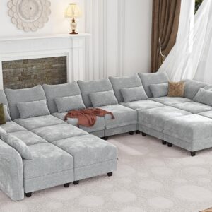 179" Oversized Modular Sectional Sofa with Storage Seat 14 Piece Large Sectional Couches for Living Room with Adjustable Arms Backs, Convert to U/L/Sleeper Sofa, Grey Chenille