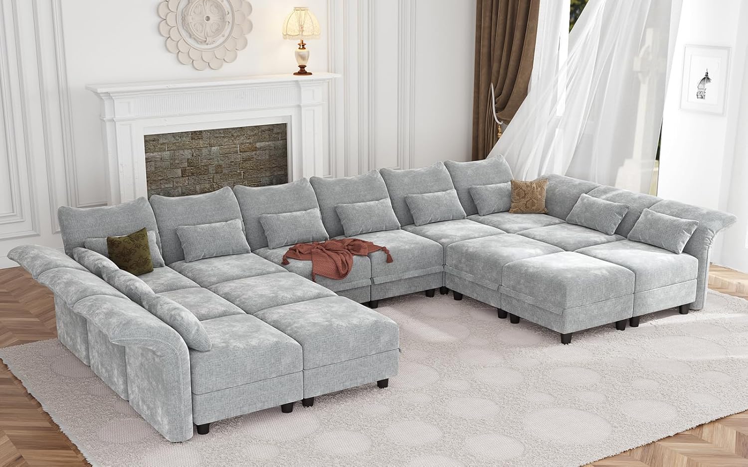 179" Oversized Modular Sectional Sofa with Storage Seat 14 Piece Large Sectional Couches for Living Room with Adjustable Arms Backs, Convert to U/L/Sleeper Sofa, Grey Chenille