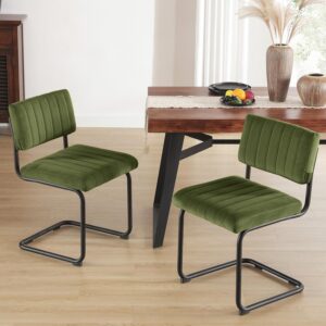 Mid Century Modern Dining Chairs Set of 2, Green Velvet Kitchen Chairs with Tufted Backs, Upholstered Wide Seat, Armless Cantilevered Chairs with Metal Legs for Kitchen Living Room