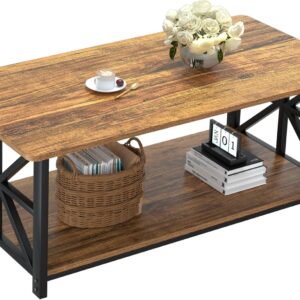 Coffee Table with Round Corner, Farmhouse Center Table with 2-Tier Storage Shelf X-Frame Design for Living Room, 39 inch Walnut