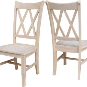 Set of 2 Double X-Back Dining Chairs, Armless, Real Wood, Kitchen/Dining/Accent, 19.9"W x 22"D x 41.3"H, 225 Lbs Wt. Capacity, DIY, Paint/Stain In Any Color, Unfinished
