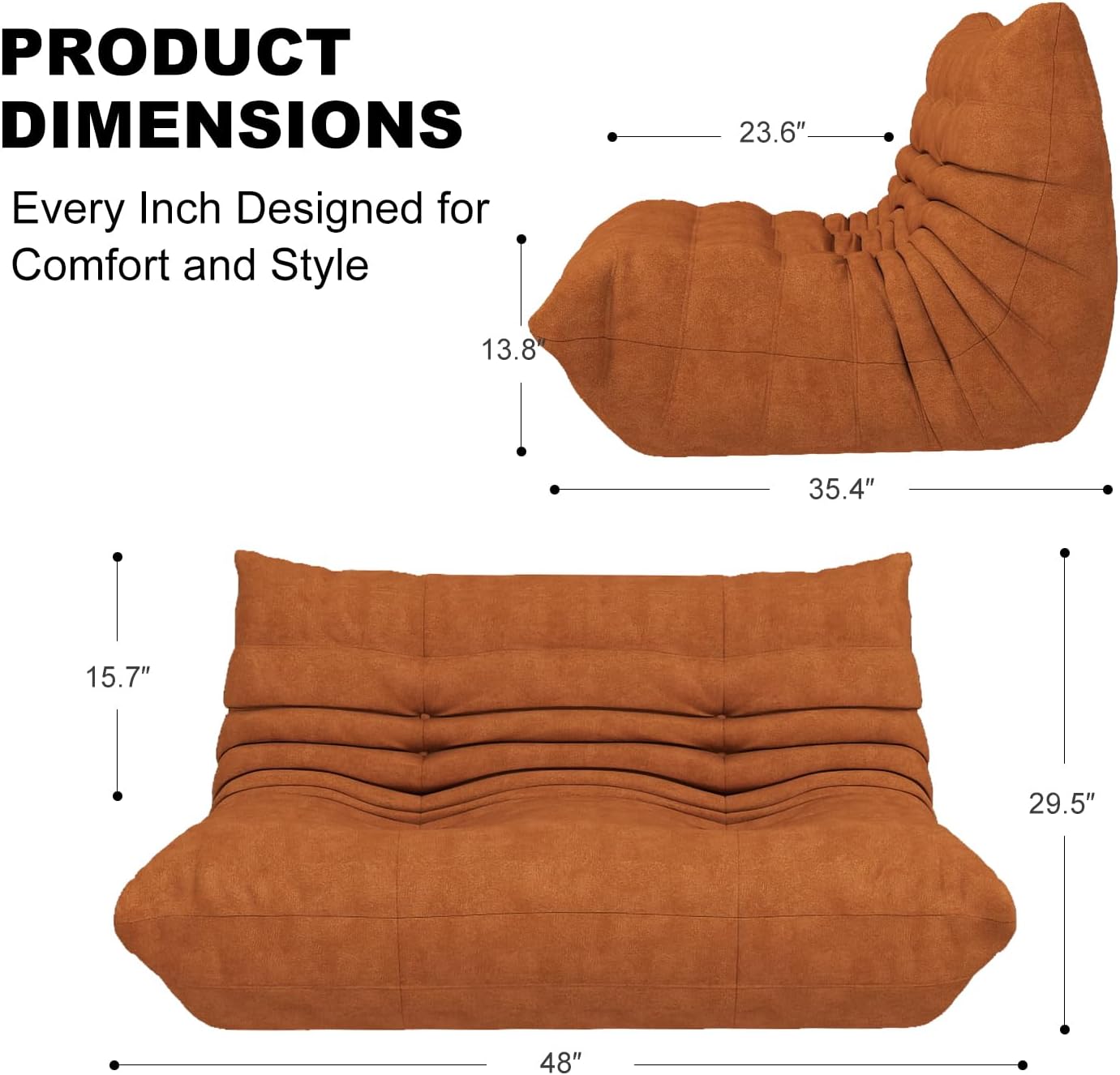 Full Foam Loveseat Sofa,Adults Bean Bag Chairs Floor Couch with Soft Waterproof Fabric,Armless Fireside Lounge Chair for Living Room,Apartment and Office (DarkOrange) - Image 2