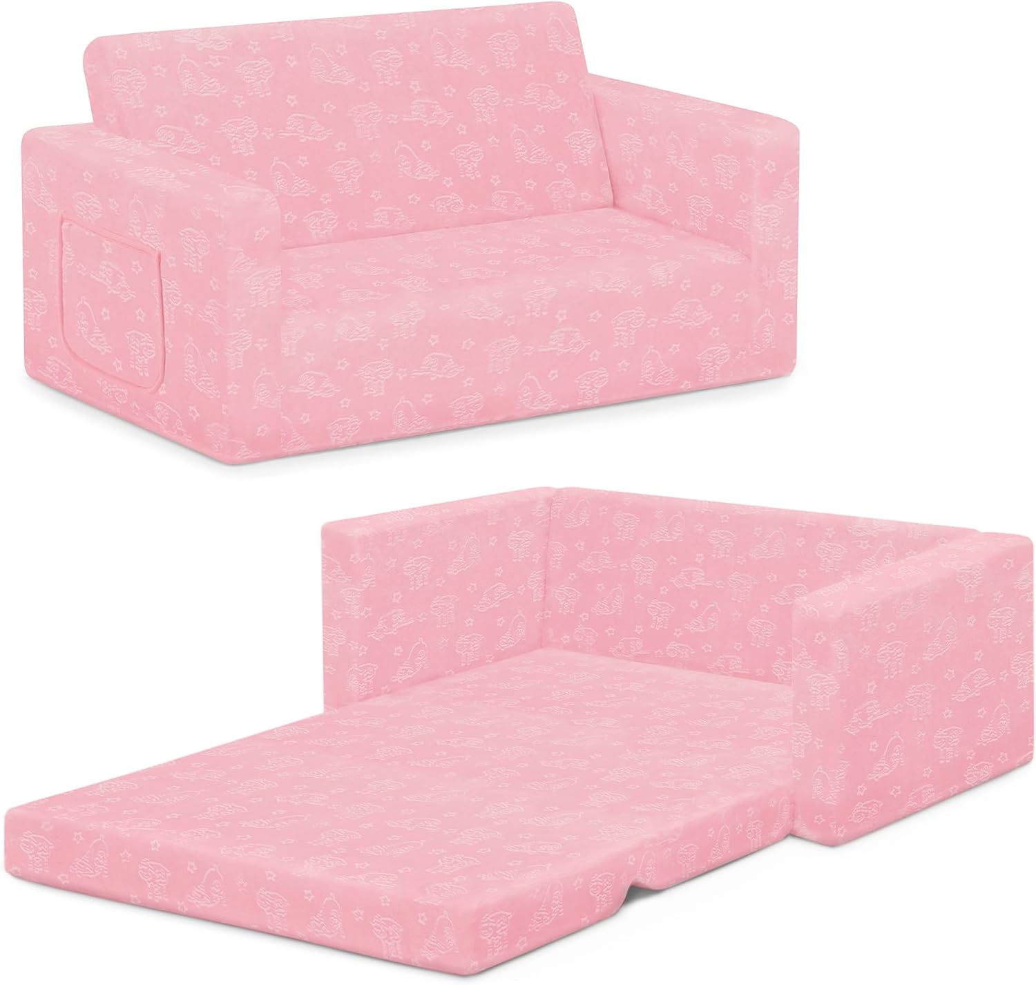 Extra Wide Convertible Sofa to Lounger, Comfy 2-in-1 Flip Open Couch/Sleeper for Kids, Pink
