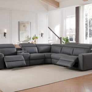 Power Recliner Sofa, Electric Reclining Sofa with Console & Dual Recliner, Leather Sectional Couch for Living Room, Grey