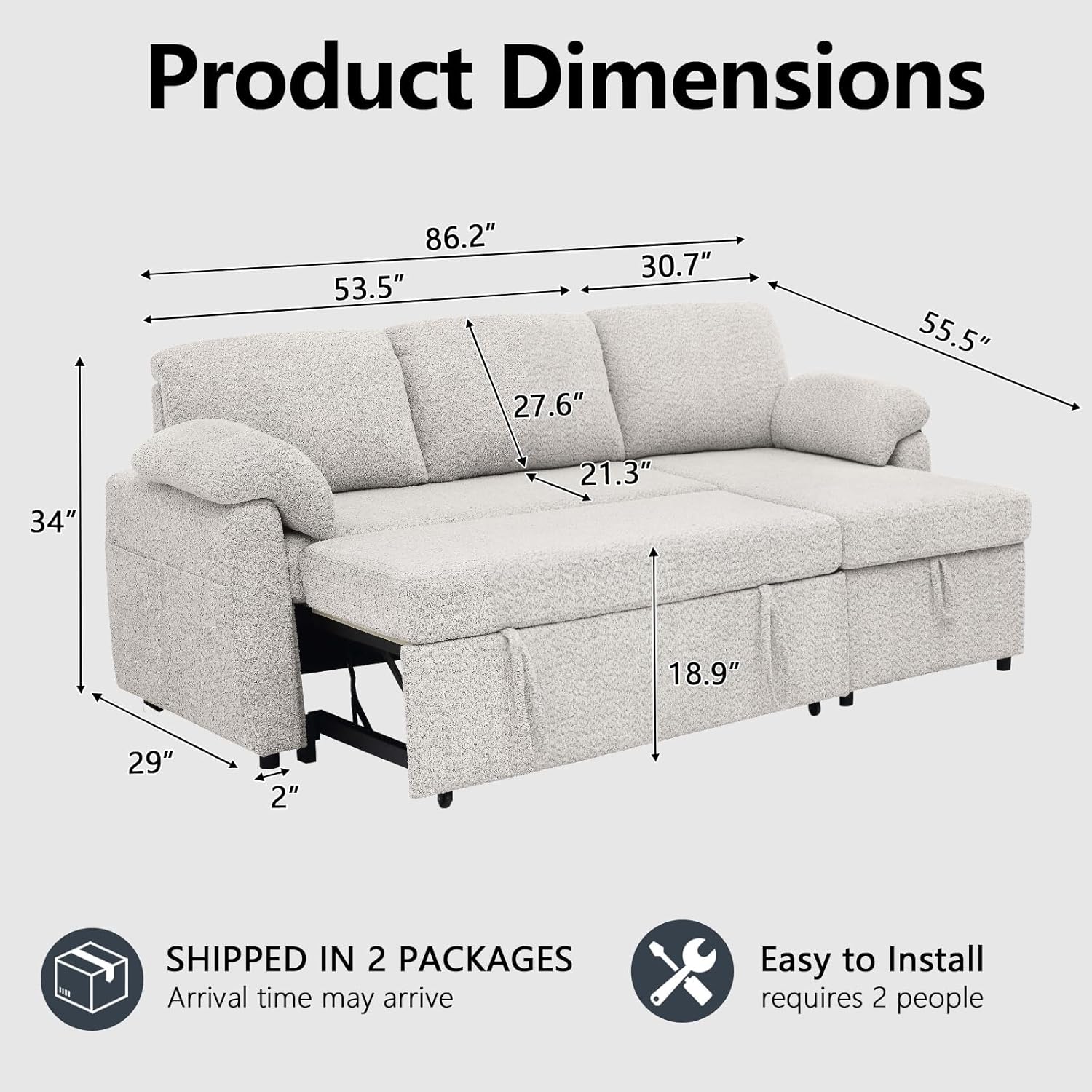 Convertible Sleeper Sofa Bed L Shaped Sectional Couch with Reversible Storage Chaise Lounge, Side Pockets and Pillow Armrests, Chenille Pull Out Sofá Corner Sofa&Couch for Living Room - Image 2