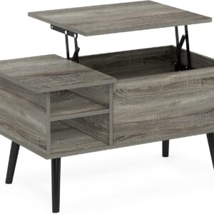 Living Room Wooden Leg Lift Top Coffee Table With Hidden Compartment and Side Open Storage Shelf, French Oak Grey