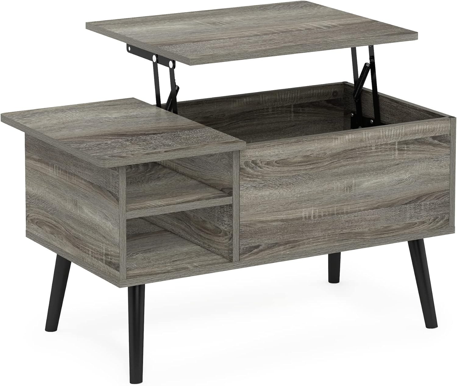 Living Room Wooden Leg Lift Top Coffee Table With Hidden Compartment and Side Open Storage Shelf, French Oak Grey
