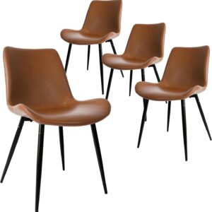 Dining Chairs Set of 4, Faux Leather Dining Room Chairs with Comfy Upholstered Seat, Modern Kicthen Chairs Armless Accent Chairs with Black Legs for Restaurant, Living Room, Brown