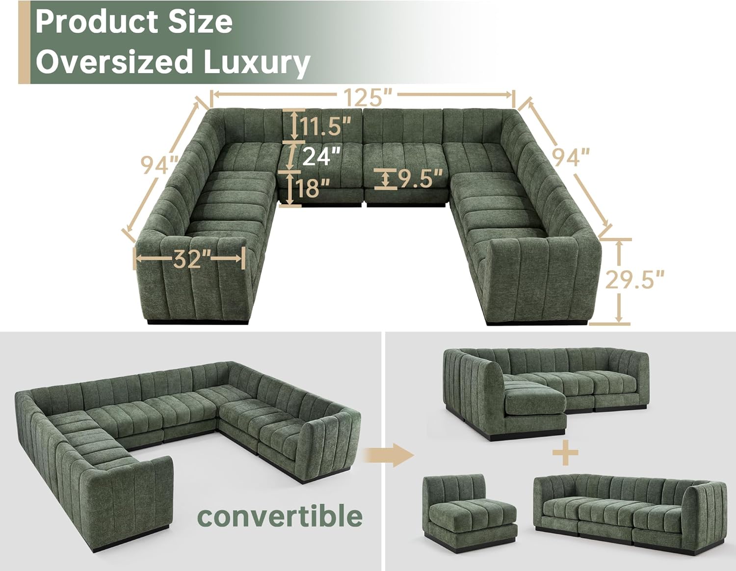 125'' U-Shaped Modular Sectional Sofa, Deep Seat Chenille Couch for Living Room, Large U Shape Sectional Sofa for Living Room Apartment, High Density Foam, Green - Image 2