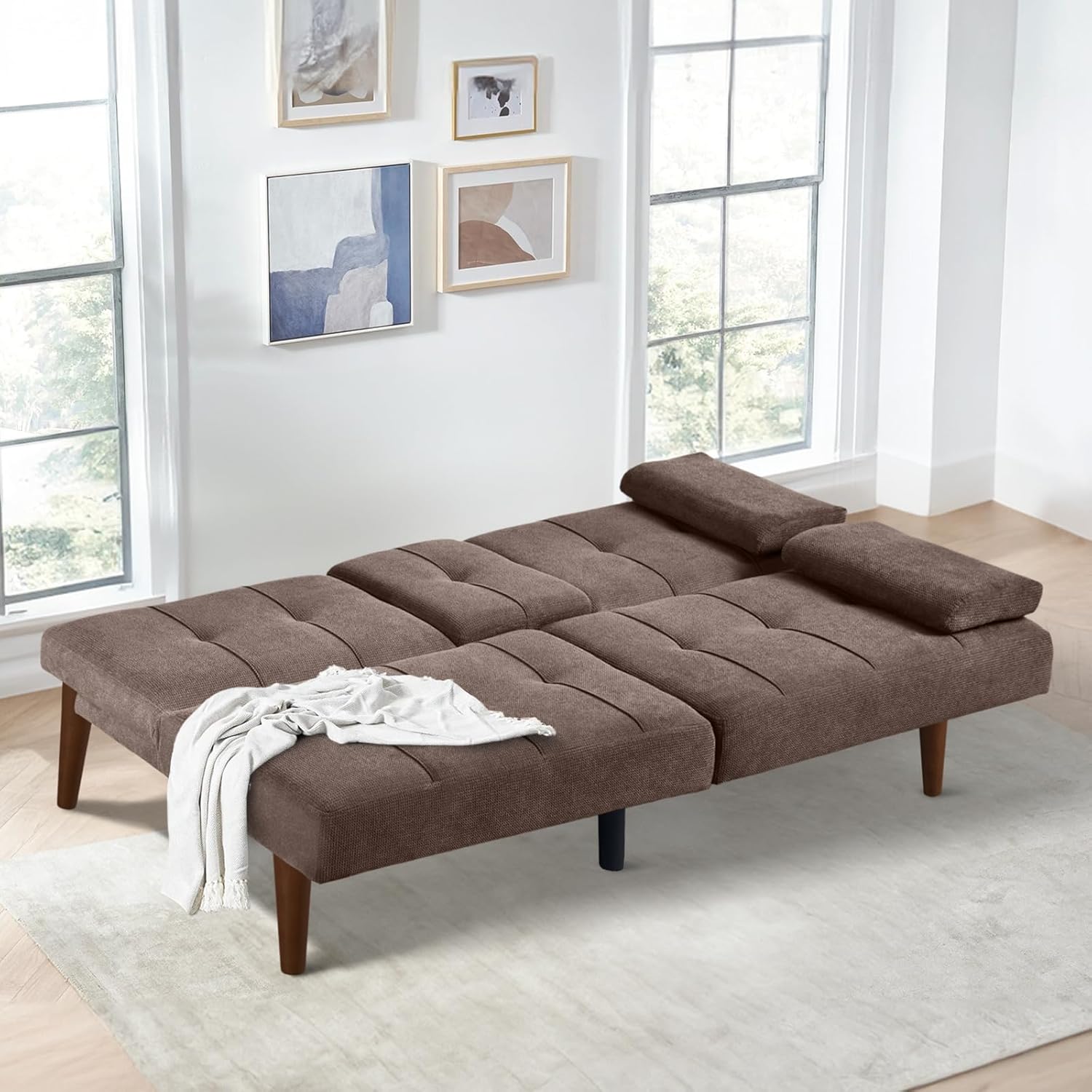 Sofa Bed-Fabric Small Couch, Convertible Sofa Bed with 2 Cup Holders, Removable Soft Armrest, Adjustable Backrest for Dorm/Bedroom/College - Image 2