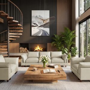 Modular Leather Sectional Couch Oversized Modular Sectional Sofa for Living Room, Scratch Resistant with Down-Filled Back Cushions Removable Washable Covers(3 Sets Beige)