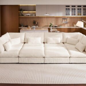 154" Oversized Corduroy Couch Modular Sectional Sofa, Washable Cloud Couch Sectional with 4 Ottoman, 8 Seater Sectional Couches for Living Room, Fully Cover Removable, Sleeper Sofa, Corduroy, White