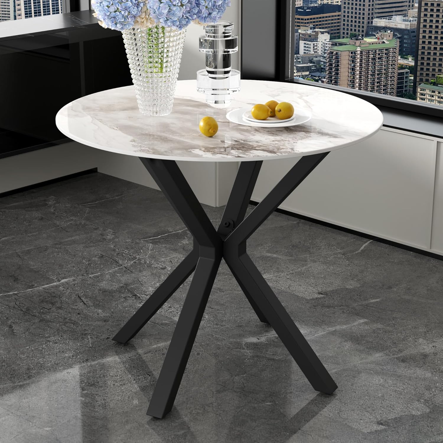 Faux Marble Round Dining Table with Black Metal Legs, Modern Sintered Stone White Kitchen Table Circle Table for Dining Room Kitchen - Image 2