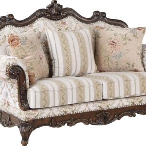 Fabric Upholstered Rolled Arms Loveseat with 3 Pillows in Walnut