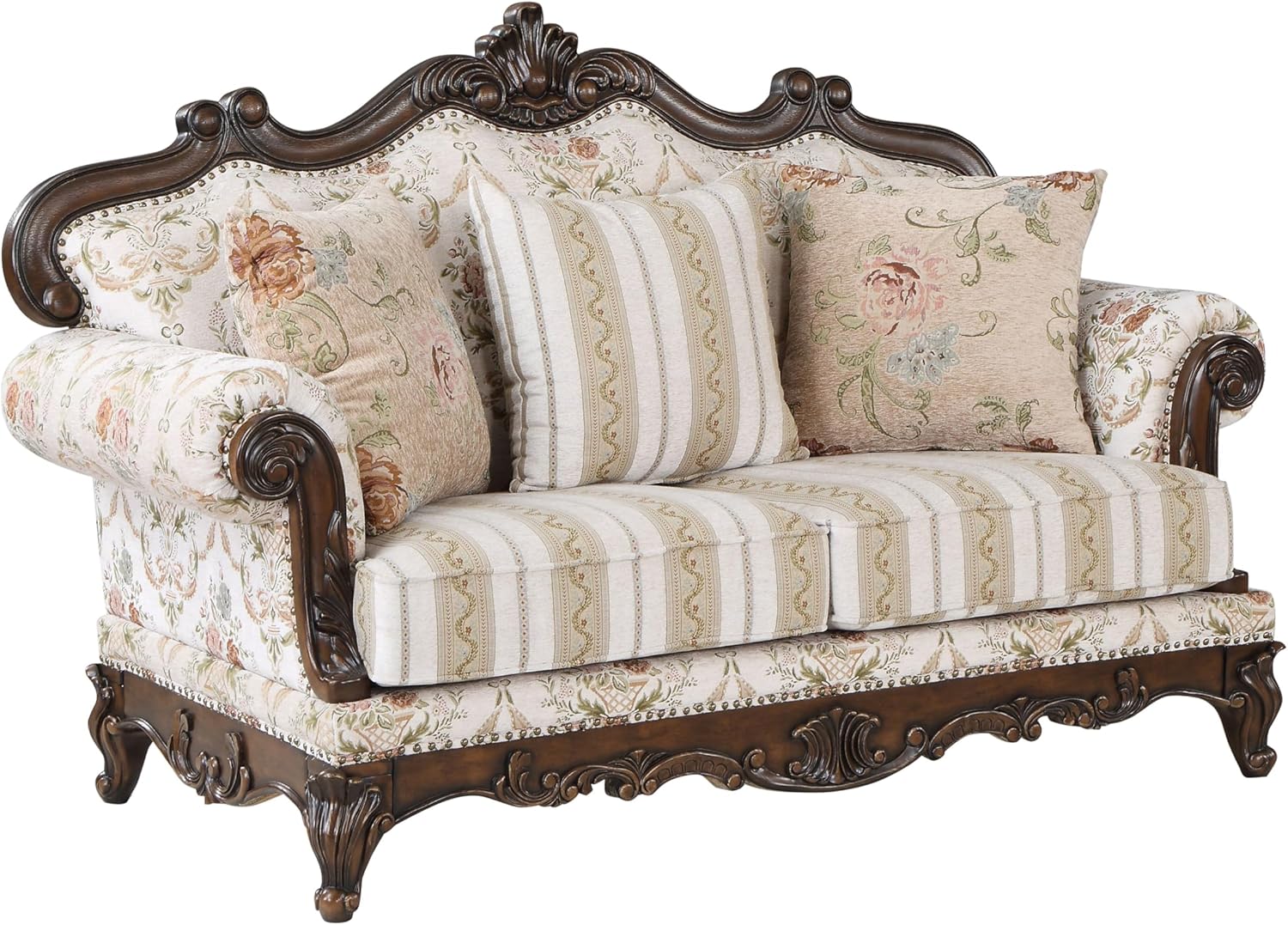 Fabric Upholstered Rolled Arms Loveseat with 3 Pillows in Walnut