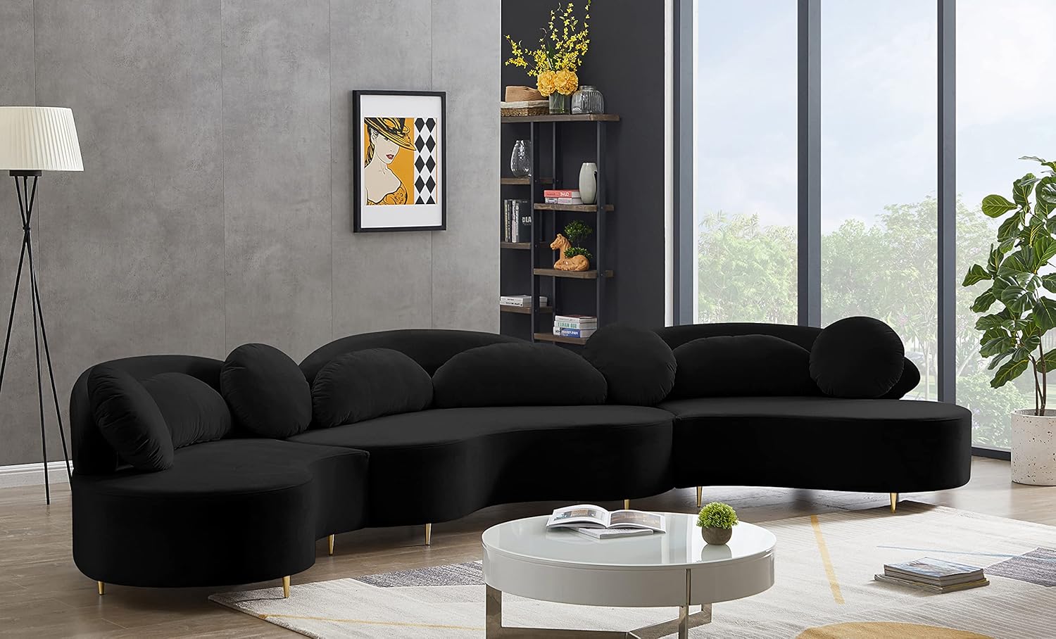 632Black-Sectional Collection ern | Contemporary Velvet Upholstered Sectional with Both Gold & Chrome Legs Included - Image 2