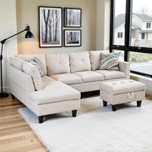 Shaped Couch Sectional Couches for Living Room Upholstered Flannelette 3 Pieces Sectional Sofa with Chaise, Ottoman with Storage for Living Room and Small Apartment, Off-White