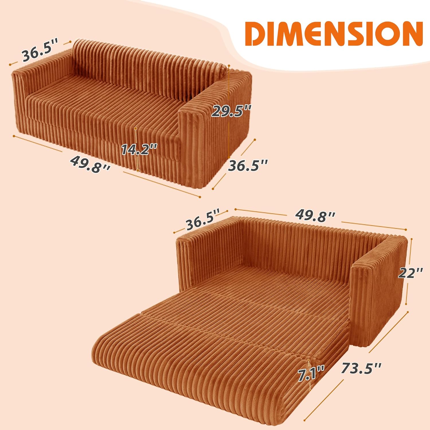 Convertible Folding Sofa Bed, Foldable Sleeper Couch with Armrest, Comfy Floor Couch, Fold Out Lounge Bed, Multi-Functional Lazy Sofa for Bedroom Living Room Dorm Home Office (Orange) - Image 2