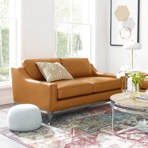 64" Leather Loveseat in Tan with Stainless Steel Base